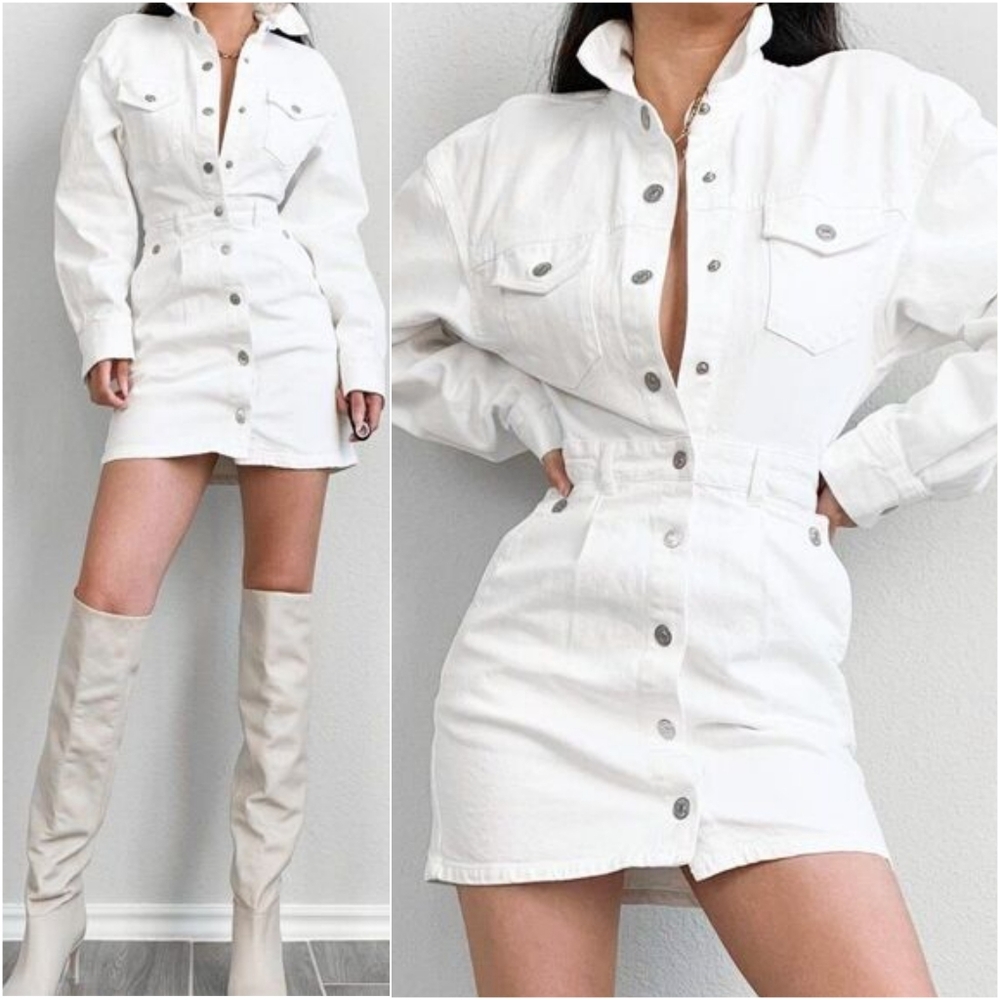 Bloggers Favorite ZARA Long Sleeve Button Down White Denim Jean Dress XS